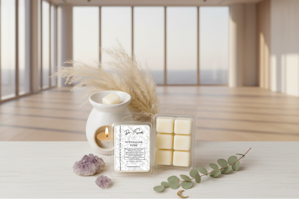Jar of wax melts with a candle and decorative elements on a light surface.