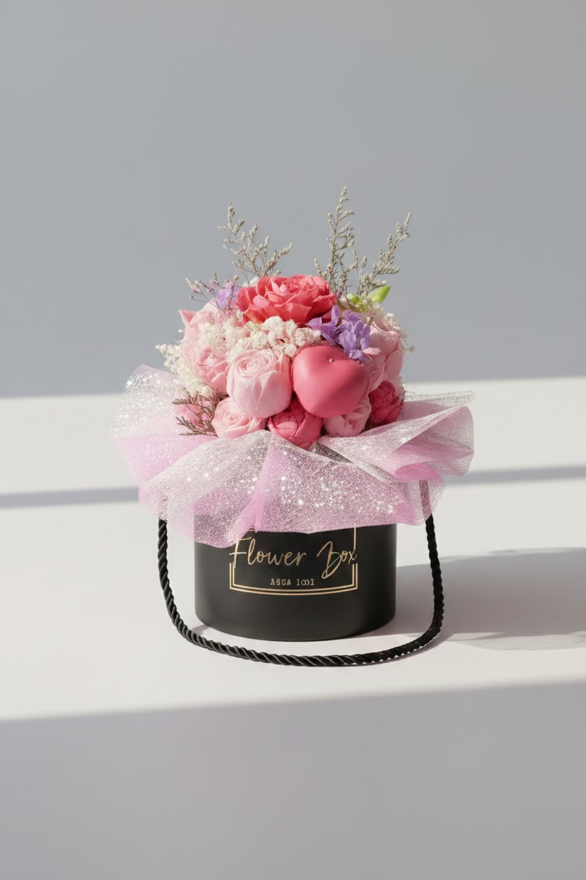 Decorative box with flowers and balloons on a light gray background