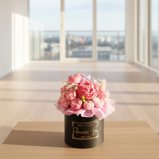 Pink floral arrangement in a black box on a wooden table with a cityscape view.